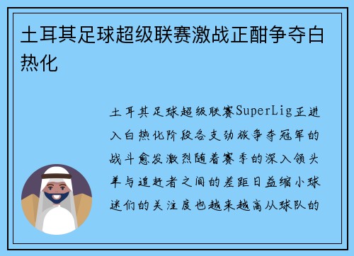 土耳其足球超级联赛激战正酣争夺白热化 土耳其足球超级联赛激战正酣争夺白热化